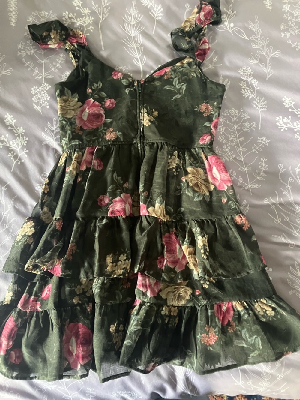 Floral Ruffled Mini Dress - Dark Green with Pink Roses - Picture 4 of 4